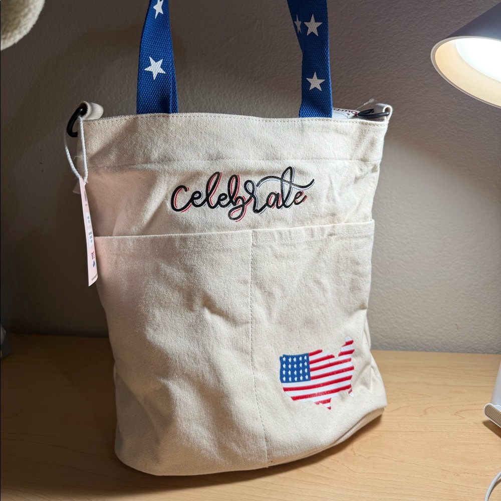White canvas tote bag with American flag design #AmericanFlag